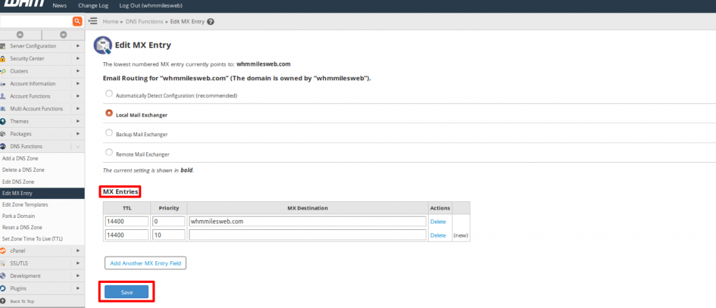 WHM MX Entries