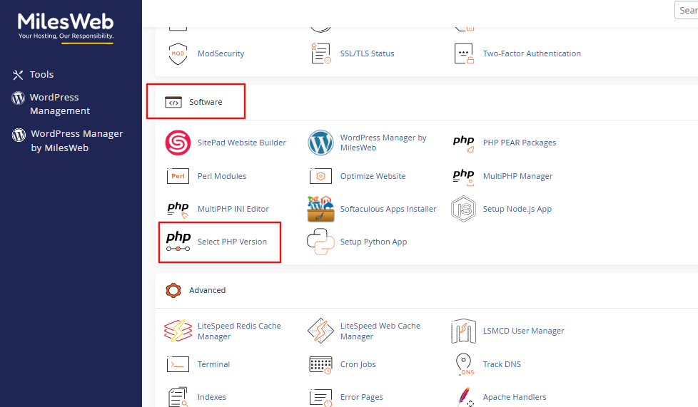 open-the-select-php-version-tool